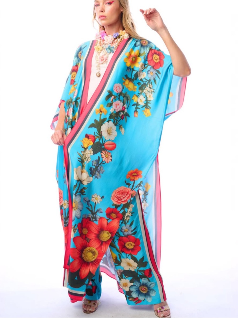 H98.NWT Aratta Floral Garden Vibrant Floral Turquoise Kaftan $219 - Picture 1 of 7
